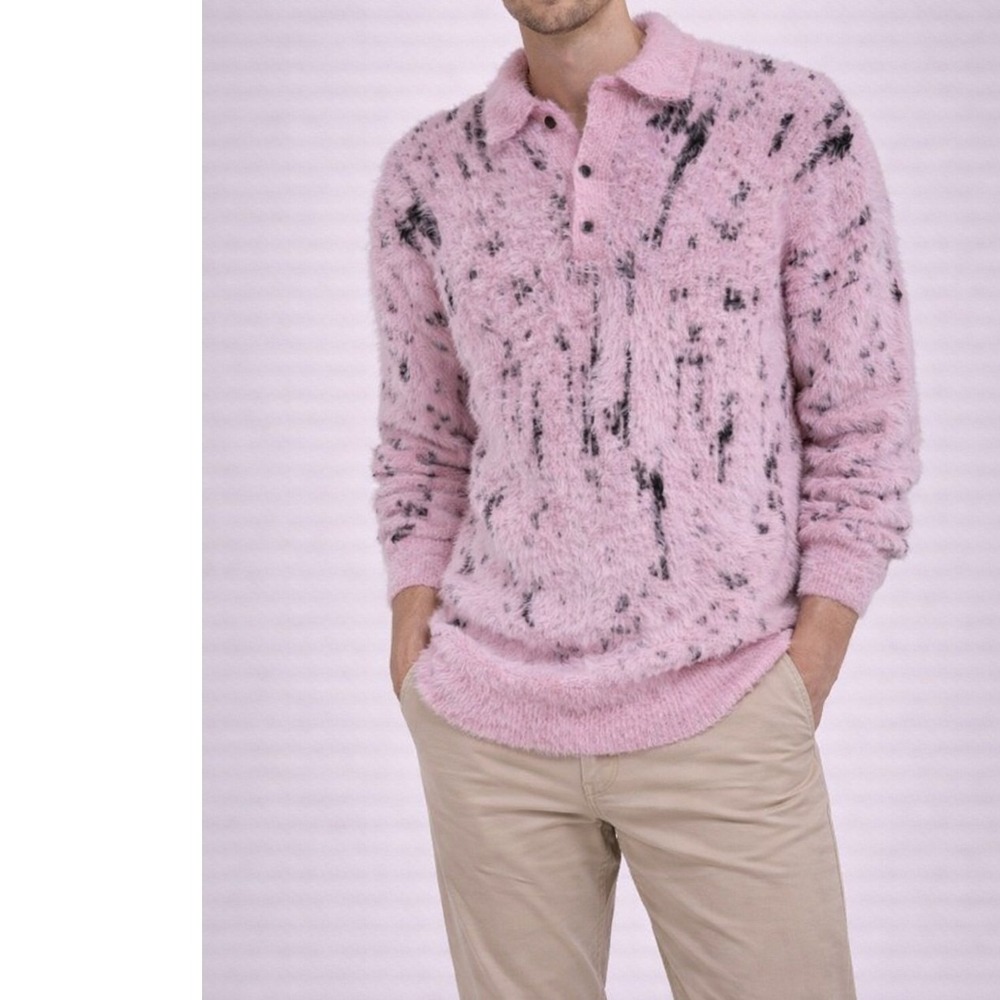 Zara Mens Large Pink Black Fuzzy Knit Polo Sweater Abstract‎ Eyelash Texture